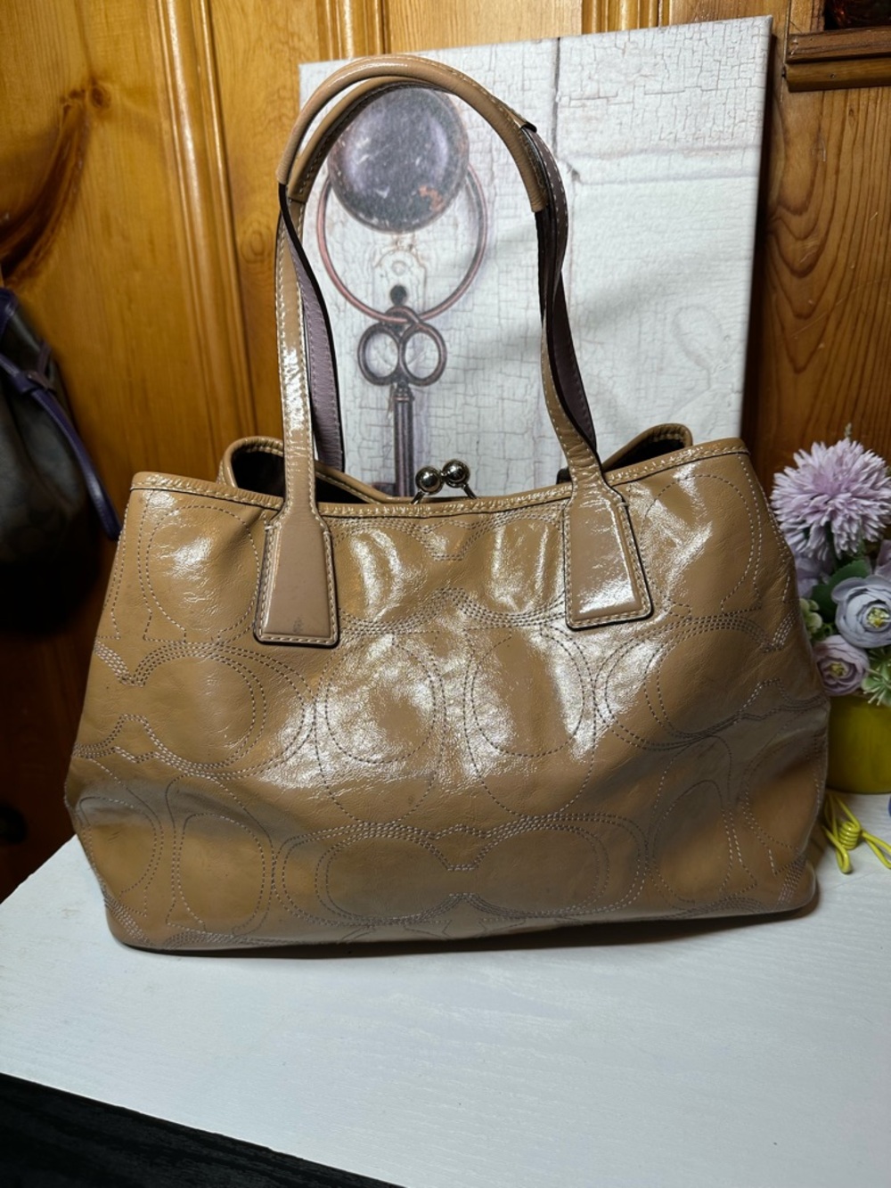 Coach Beige Patent Leather Tote with Signature Stitching - Picture 2 of 16